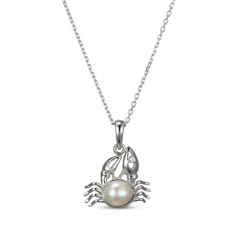 Cultured Pearl & White Lab-Created Sapphire Crab Necklace Sterling Silver 18"