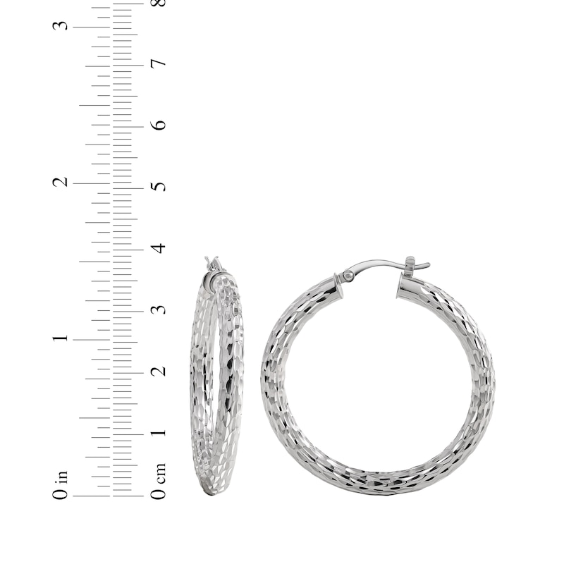 Main Image 3 of Hammered Diamond-Cut Tube Hoop Earrings Sterling Silver 38mm