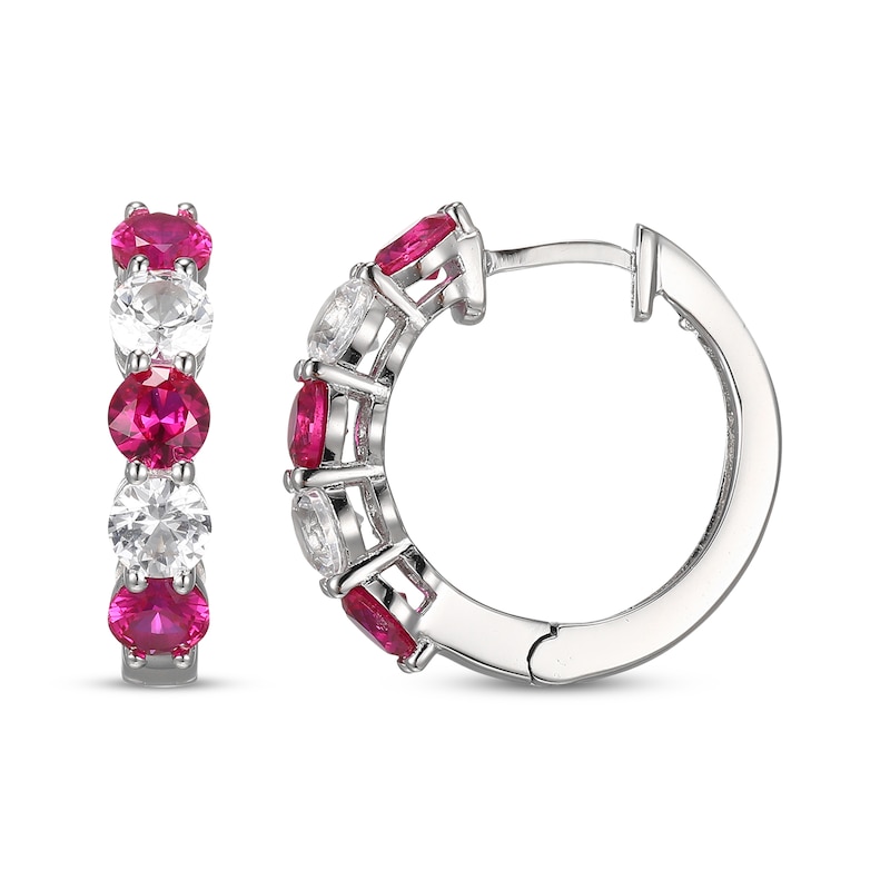 Main Image 3 of Lab-created Ruby & White Lab-Created Sapphire Hoop Earrings Sterling Silver