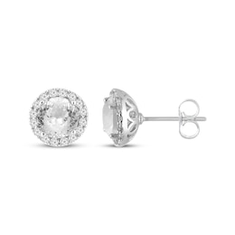 Fire-Cut White Lab-Created Sapphire Halo Stud Earrings Sterling Silver