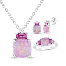 Cushion-Cut Lab-Created Pink Opal, Pink & White Lab-Created Sapphire Gift Set Sterling Silver