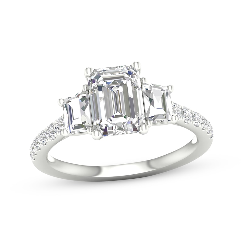 Main Image 1 of Memories Moments Magic Lab-Grown Diamonds Emerald-Cut & Trapezoid-Cut Three-Stone Engagement Ring 2-5/8 ct tw 14K White Gold