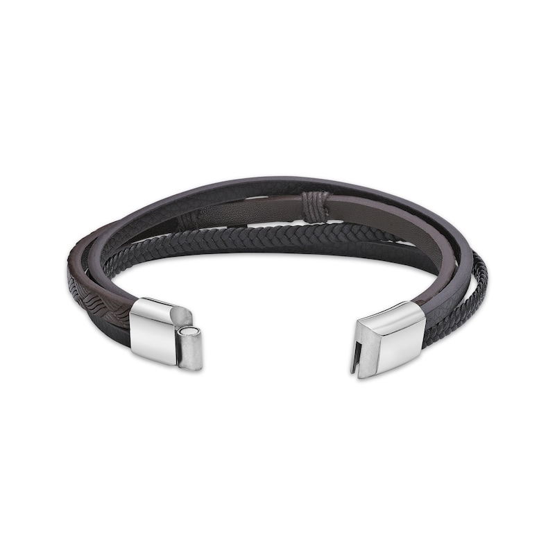 Main Image 3 of Men's Brown Leather Cross Bracelet Stainless Steel 8.5&quot;