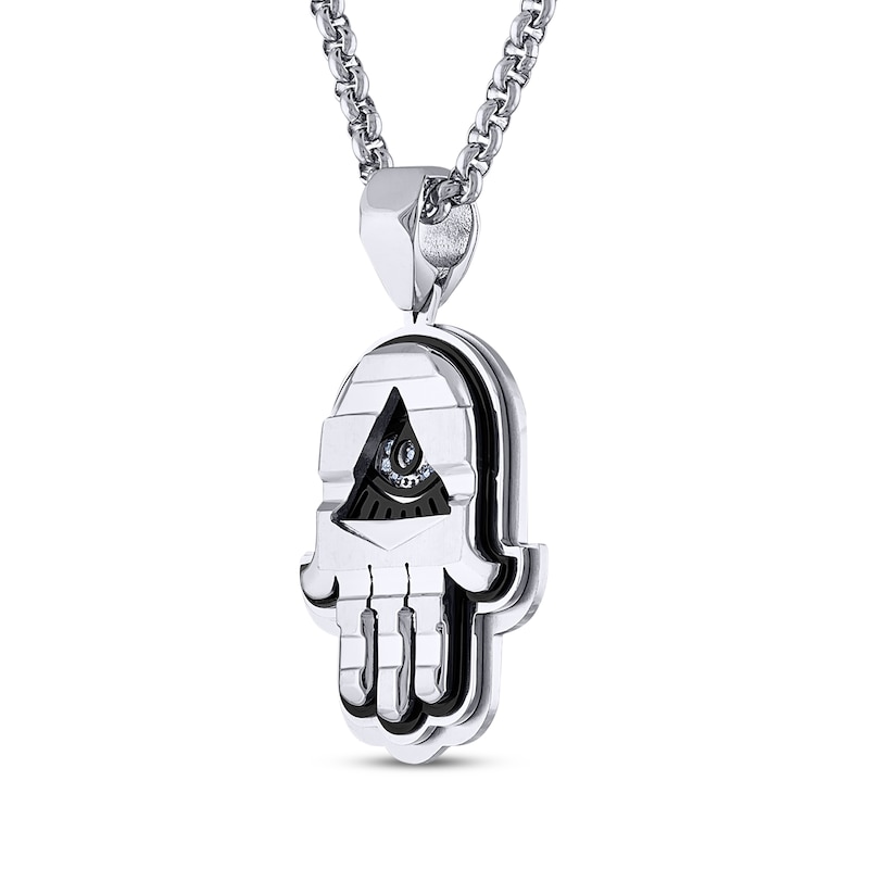 Main Image 2 of Men's Diamond-Accent Hamsa Necklace Stainless Steel & Black Ion Plating 24&quot;