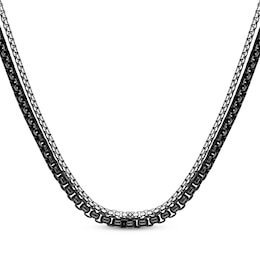 Layered Box Chain Necklace Black Ion-Plated & Solid Stainless Steel 24&quot;