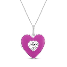 Heart-Shaped White Lab-Created Sapphire & Pink Enamel Locket Necklace Sterling Silver 18&quot;