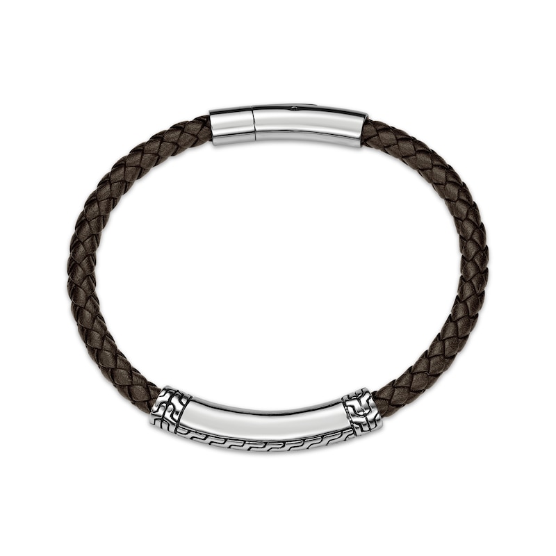 Men's Brown Leather Bracelet Stainless Steel 8.5"