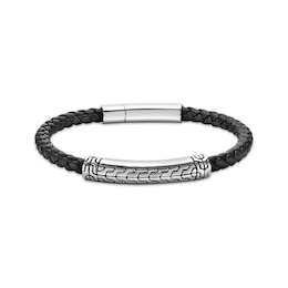 Men's Black Leather Bracelet Stainless Steel 8.5&quot;