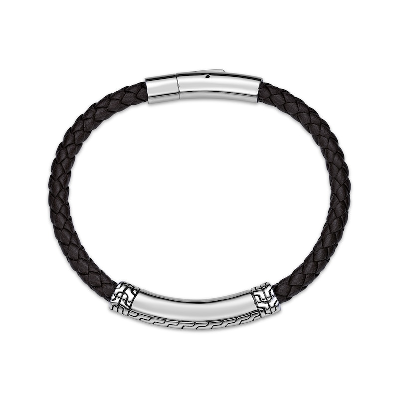 Men's Black Leather Bracelet Stainless Steel 8.5"