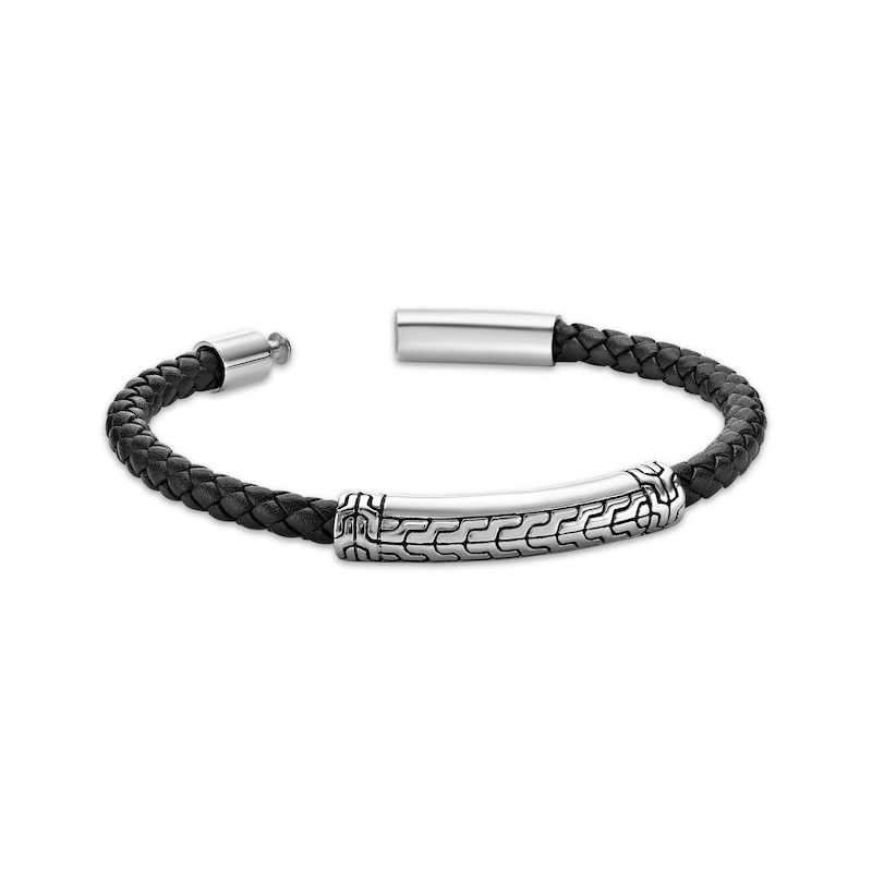 Men's Black Leather Bracelet Stainless Steel 8.5"