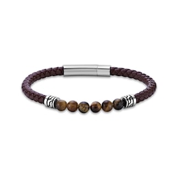 Men's Tiger Eye Bead & Brown Leather Bracelet Stainless Steel 8.5&quot;