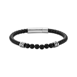 Men's Agate Beaded & Black Leather Bracelet Stainless Steel 8.5&quot;