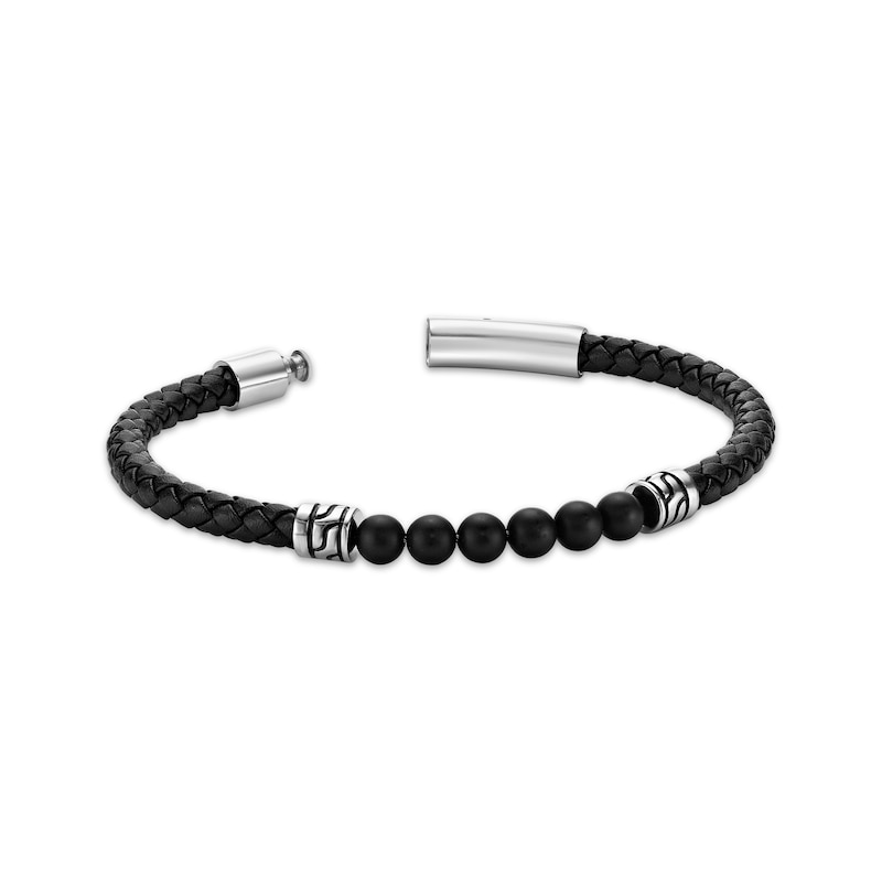 Main Image 3 of Men's Agate Beaded & Black Leather Bracelet Stainless Steel 8.5&quot;