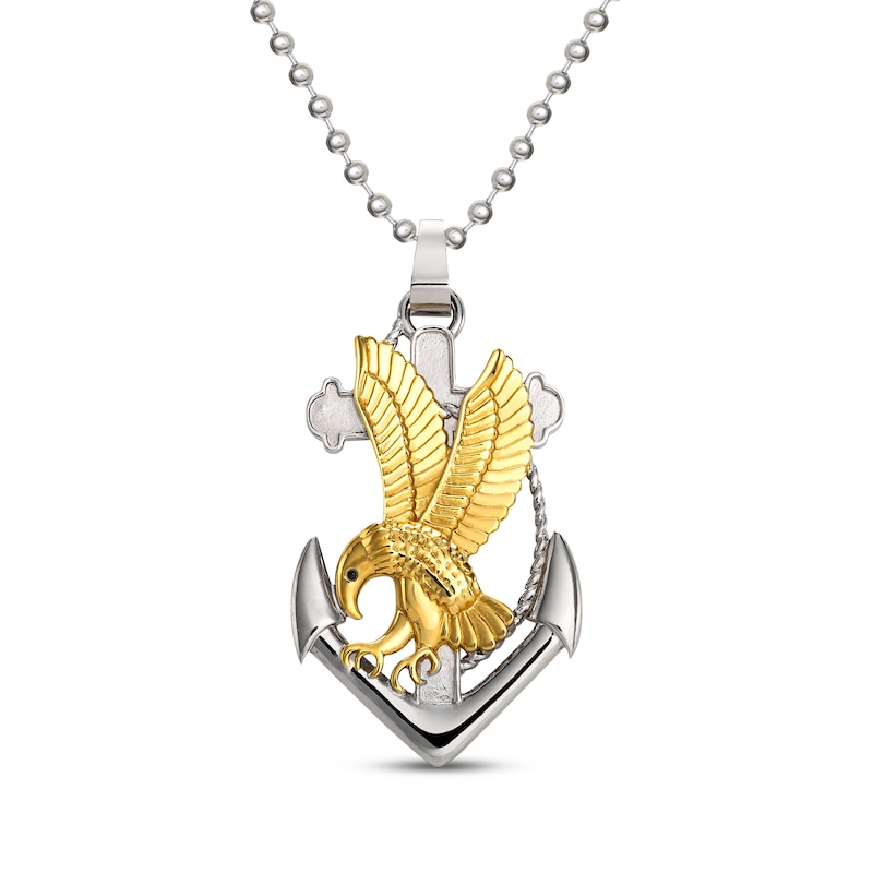 Men's Eagle, Cross & Anchor Necklace Stainless Steel & Yellow Ion Plating 22"