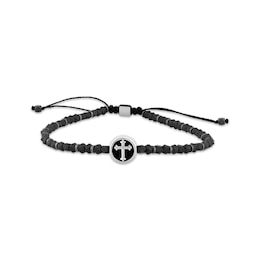 Men's Black Enamel Cross Charm & Black Hematite Bead Bolo Bracelet Stainless Steel