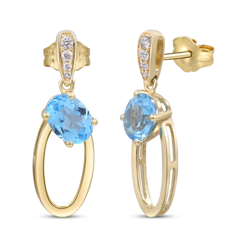 Main Image 1 of Oval-Cut Swiss Blue Topaz & Diamond Doorknocker Earrings 1/15 ct tw 10K Yellow Gold