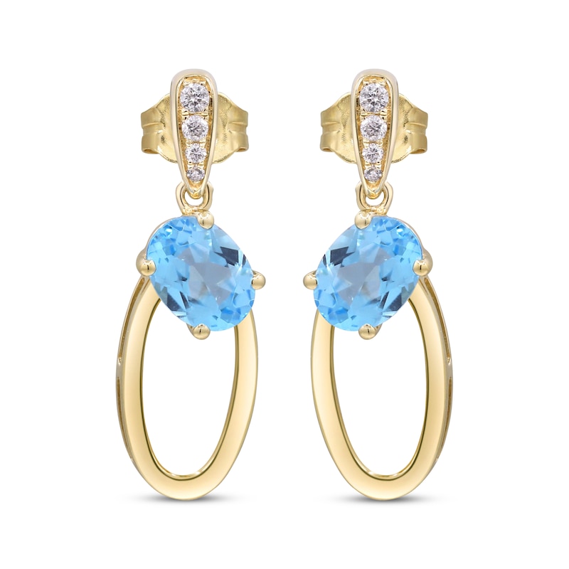 Main Image 2 of Oval-Cut Swiss Blue Topaz & Diamond Doorknocker Earrings 1/15 ct tw 10K Yellow Gold