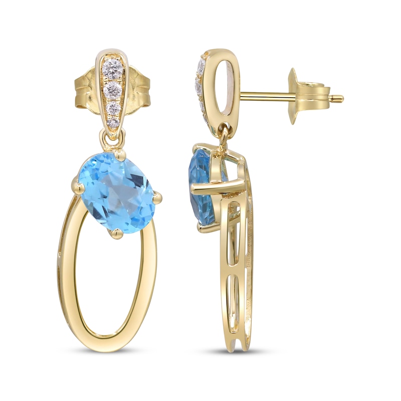 Main Image 3 of Oval-Cut Swiss Blue Topaz & Diamond Doorknocker Earrings 1/15 ct tw 10K Yellow Gold