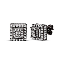 Men's White Sapphire Stepped Square Stud Earrings Black Ion-Plated Stainless Steel