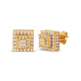 Men's White Sapphire Stepped Square Stud Earrings Yellow Ion-Plated Stainless Steel