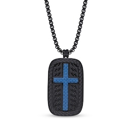 Men's Cross Dog Tag Necklace Black & Blue Ion-Plated Stainless Steel 24&quot;