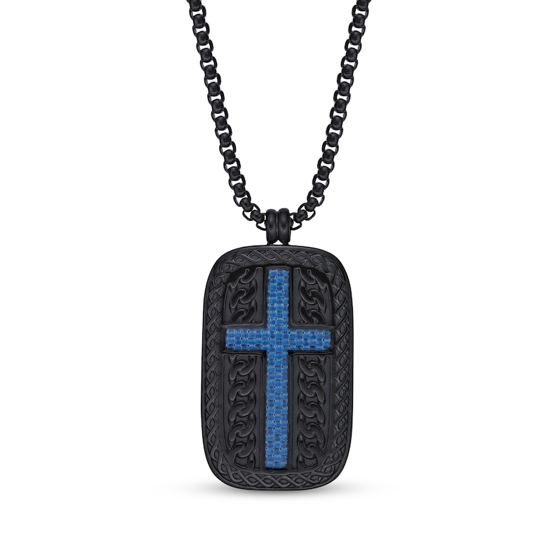 Main Image 1 of Men's Cross Dog Tag Necklace Black & Blue Ion-Plated Stainless Steel 24&quot;