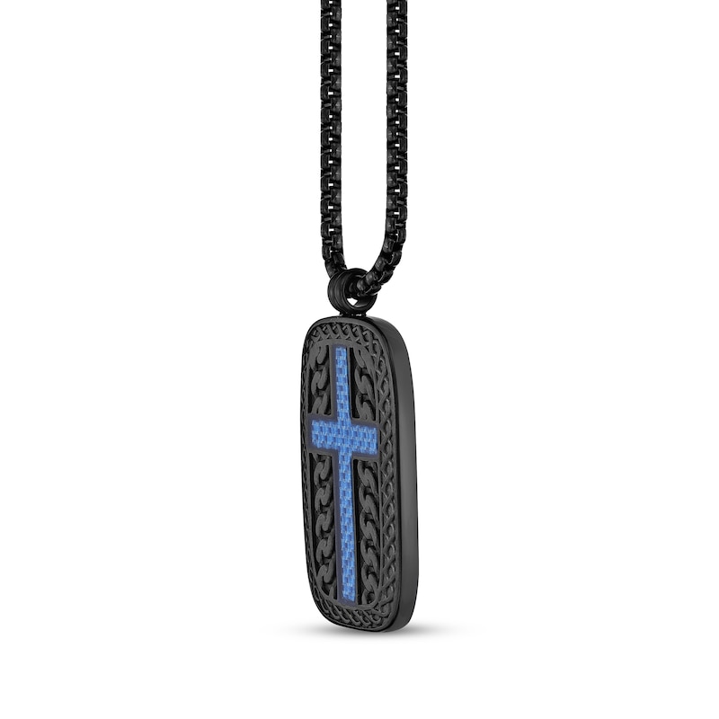 Main Image 2 of Men's Cross Dog Tag Necklace Black & Blue Ion-Plated Stainless Steel 24&quot;