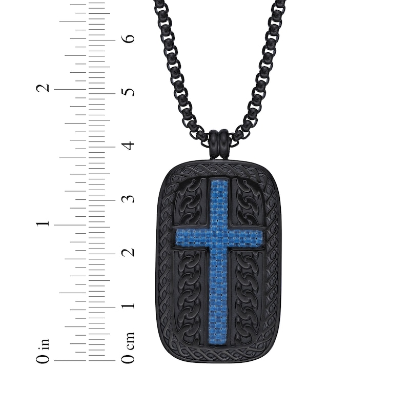 Main Image 5 of Men's Cross Dog Tag Necklace Black & Blue Ion-Plated Stainless Steel 24&quot;