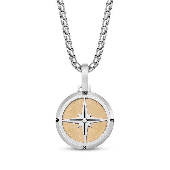 Men's Compass Necklace Stainless Steel & Yellow Ion Plating 24"