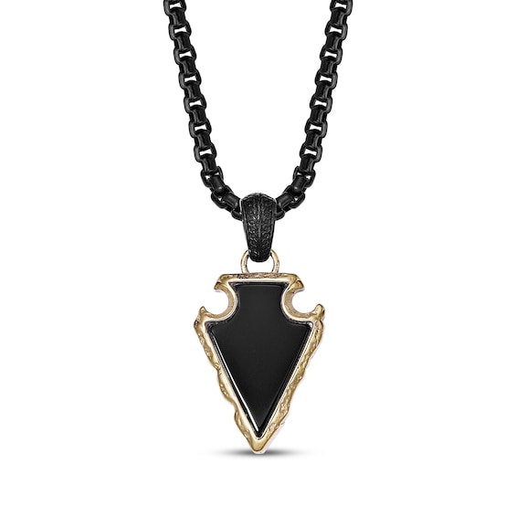 Men's Black Agate Arrowhead Necklace Black & Yellow Ion-Plated Stainless Steel 24"