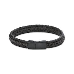 Men's Braided Bracelet Brown Leather & Black Ion-Plated Stainless Steel 8.75&quot;