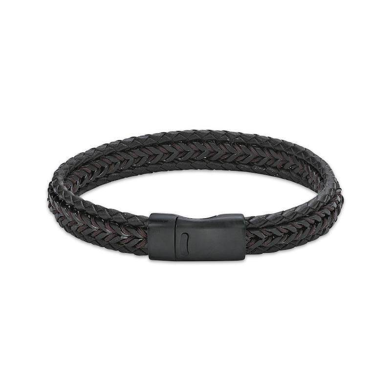 Main Image 1 of Men's Braided Bracelet Brown Leather & Black Ion-Plated Stainless Steel 8.75&quot;