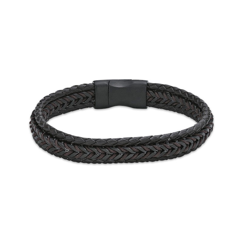 Main Image 2 of Men's Braided Bracelet Brown Leather & Black Ion-Plated Stainless Steel 8.75&quot;