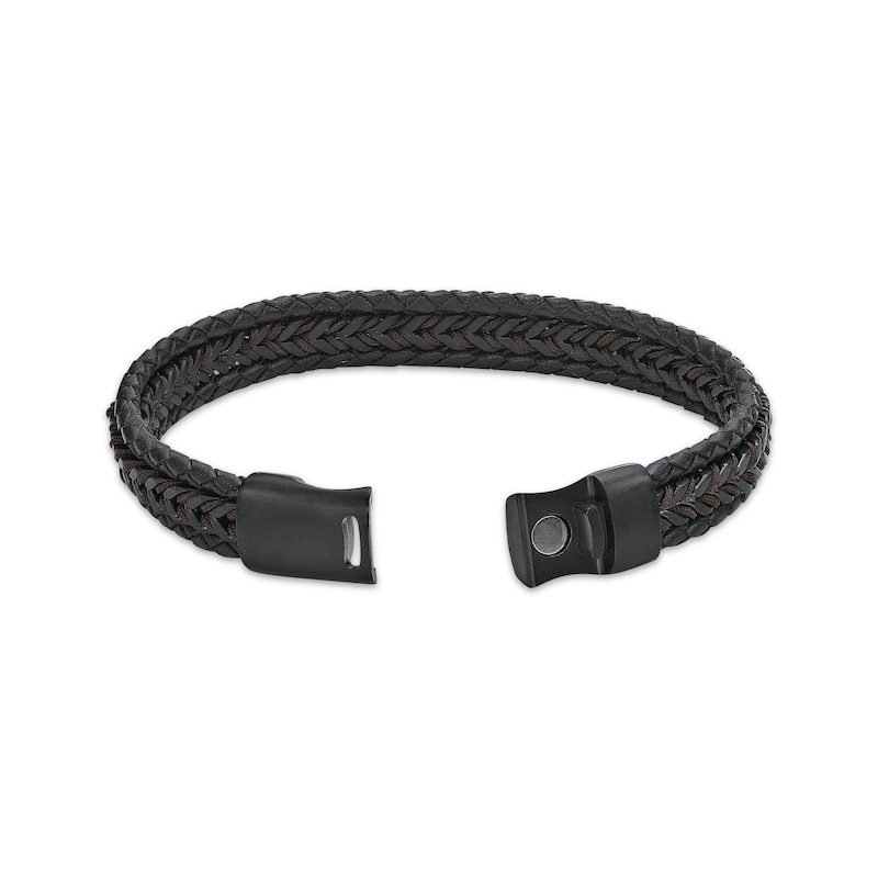 Main Image 3 of Men's Braided Bracelet Brown Leather & Black Ion-Plated Stainless Steel 8.75&quot;