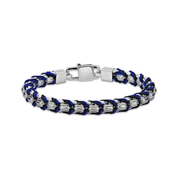 Men's Black & Blue Cord Box Chain Bracelet Hollow Stainless Steel 8&quot;