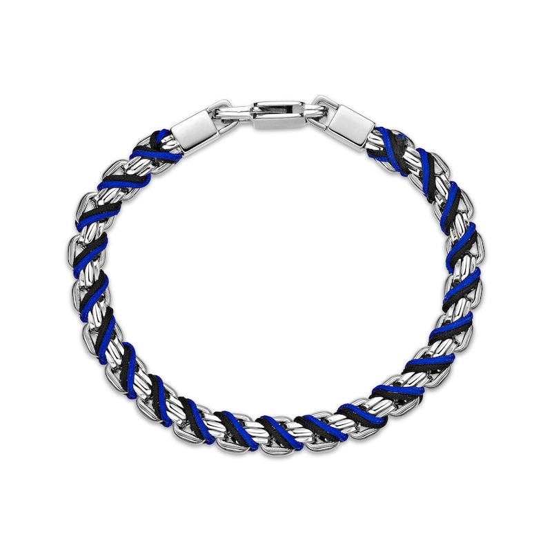 Men's Black & Blue Cord Box Chain Bracelet Stainless Steel 8"