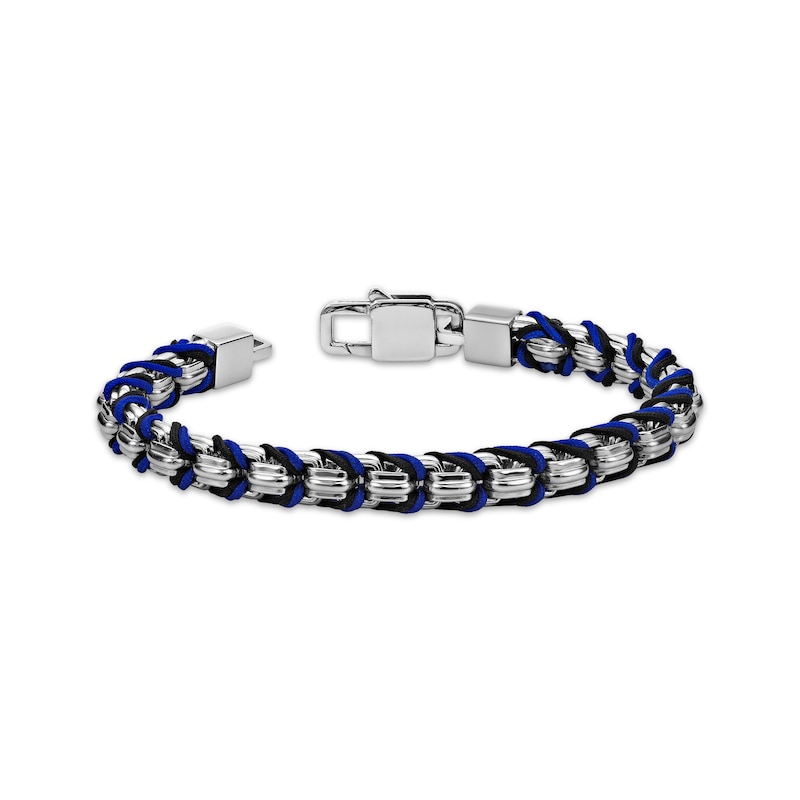 Men's Black & Blue Cord Box Chain Bracelet Stainless Steel 8"