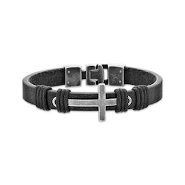 Men's Black Leather Cross Bracelet Stainless Steel 8.5&quot;