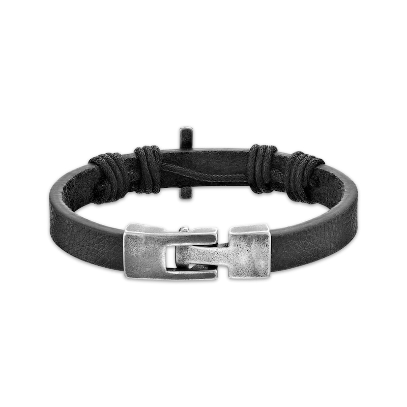 Main Image 2 of Men's Black Leather Cross Bracelet Stainless Steel 8.5&quot;