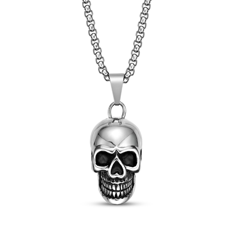 Main Image 1 of Men's Skull Necklace Black Ion-Plated Stainless Steel 24&quot;