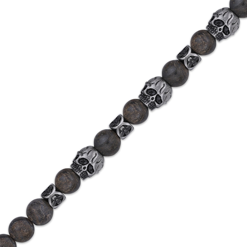 Men's Bronzite & Skull Bead Bracelet Stainless Steel 8.5"