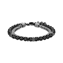 Men's Black Agate Bead & Foxtail Chain Bracelet Stainless Steel 8.5&quot;