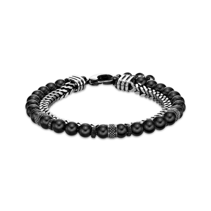 Main Image 1 of Men's Black Agate Bead & Foxtail Chain Bracelet Stainless Steel 8.5&quot;