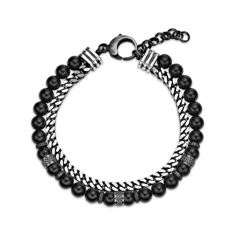 Main Image 2 of Men's Black Agate Bead & Foxtail Chain Bracelet Stainless Steel 8.5&quot;