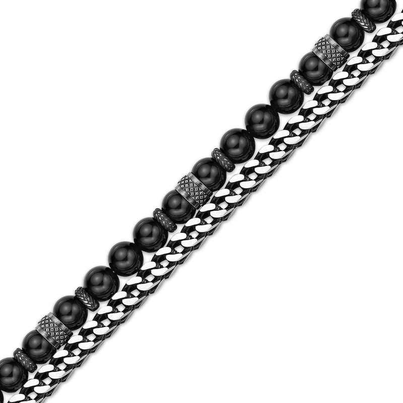 Main Image 3 of Men's Black Agate Bead & Foxtail Chain Bracelet Stainless Steel 8.5&quot;