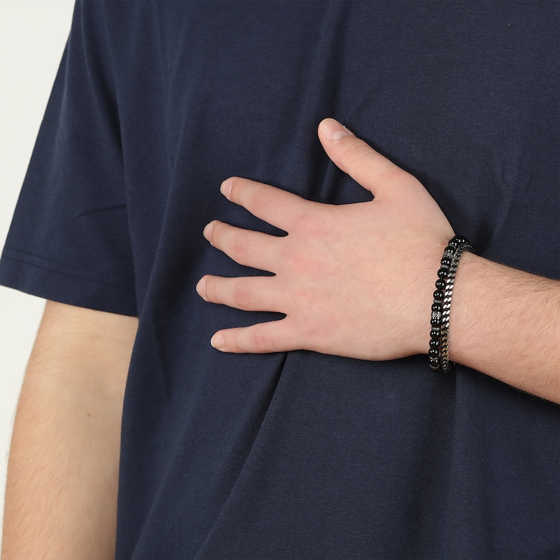 Main Image 5 of Men's Black Agate Bead & Foxtail Chain Bracelet Stainless Steel 8.5&quot;