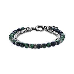 Men's Green Tiger's Eye Quartz Bead & Chain Layered Bracelet Stainless Steel 8.5&quot;