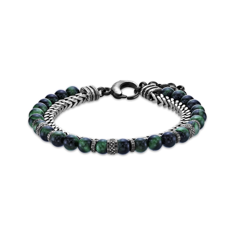 Men's Green Tiger's Eye Quartz Bead & Chain Layered Bracelet Stainless Steel 8.5"