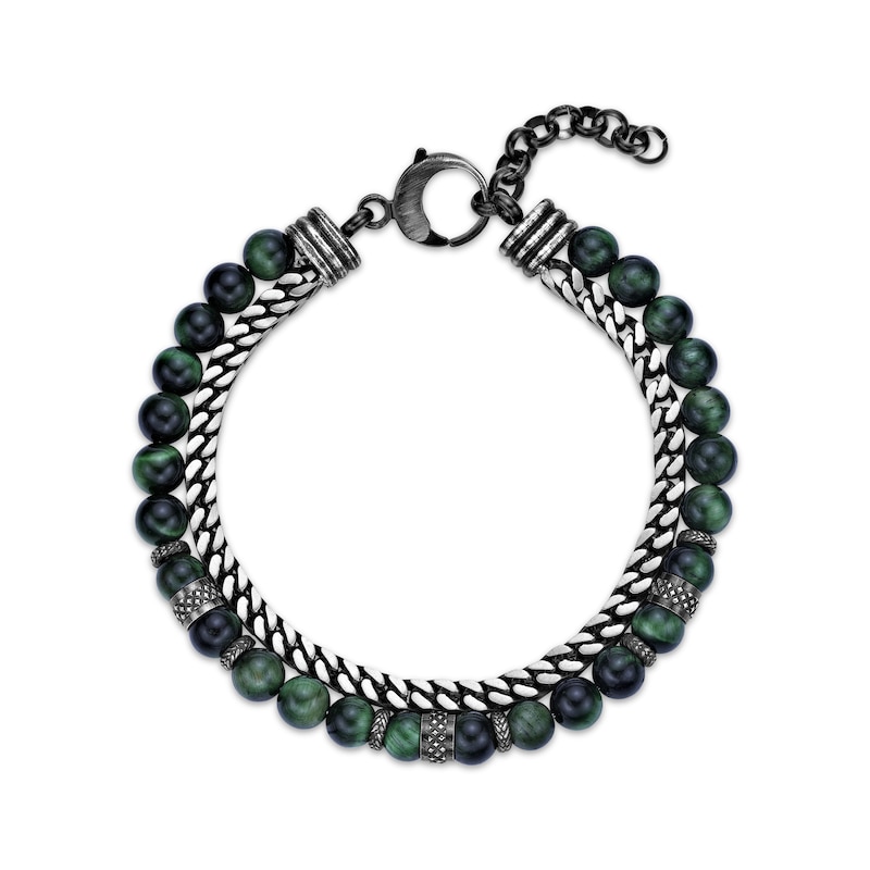 Men's Green Tiger's Eye Quartz Bead & Chain Layered Bracelet Stainless Steel 8.5"