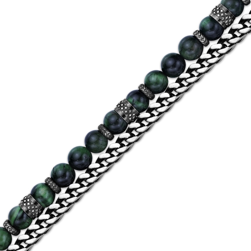 Men's Green Tiger's Eye Quartz Bead & Chain Layered Bracelet Stainless Steel 8.5"